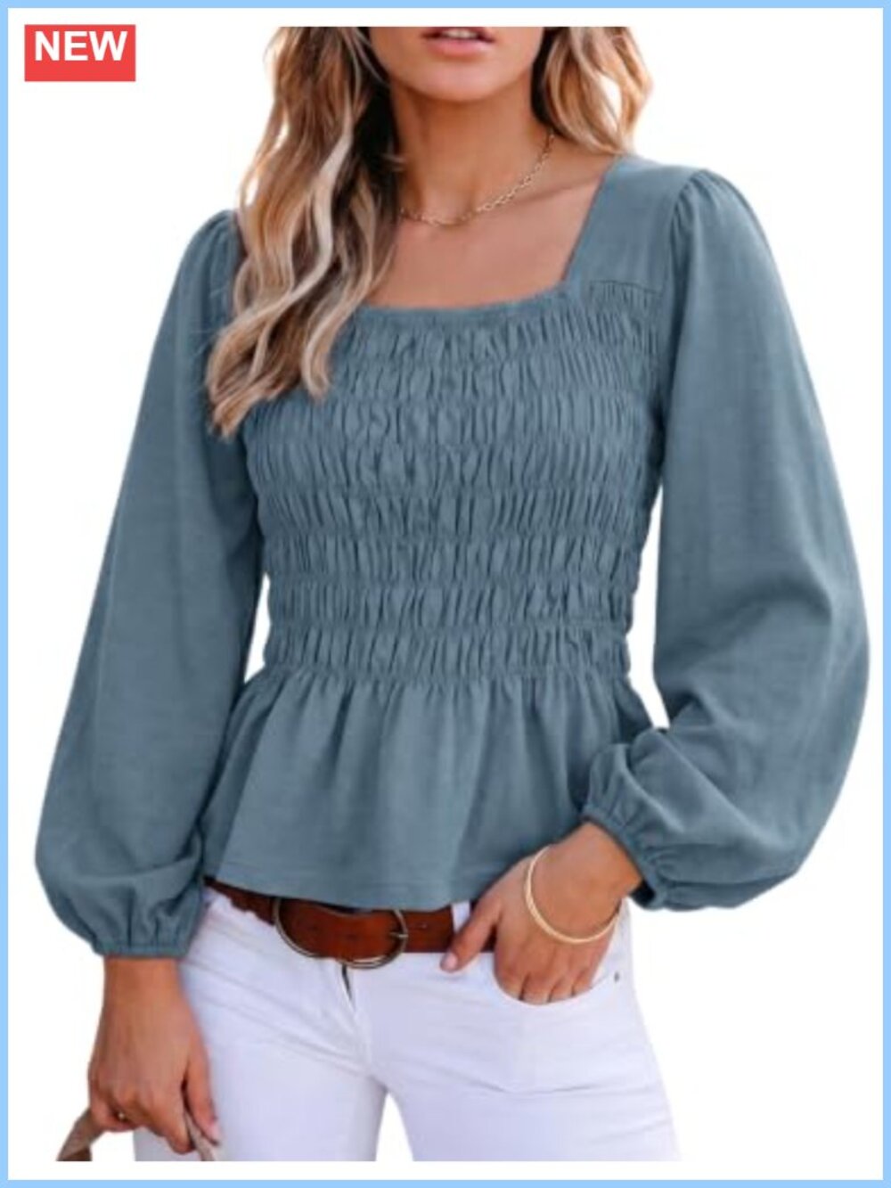 Watashi Women Square Neck Smocked Puff Sleeve Peplum Top